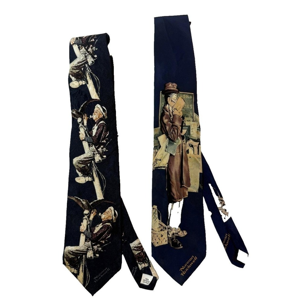 Norman‎ Rockwell Tie Lot 2 Mens Silk Saturday Evening Lineman Bookwormn 90s